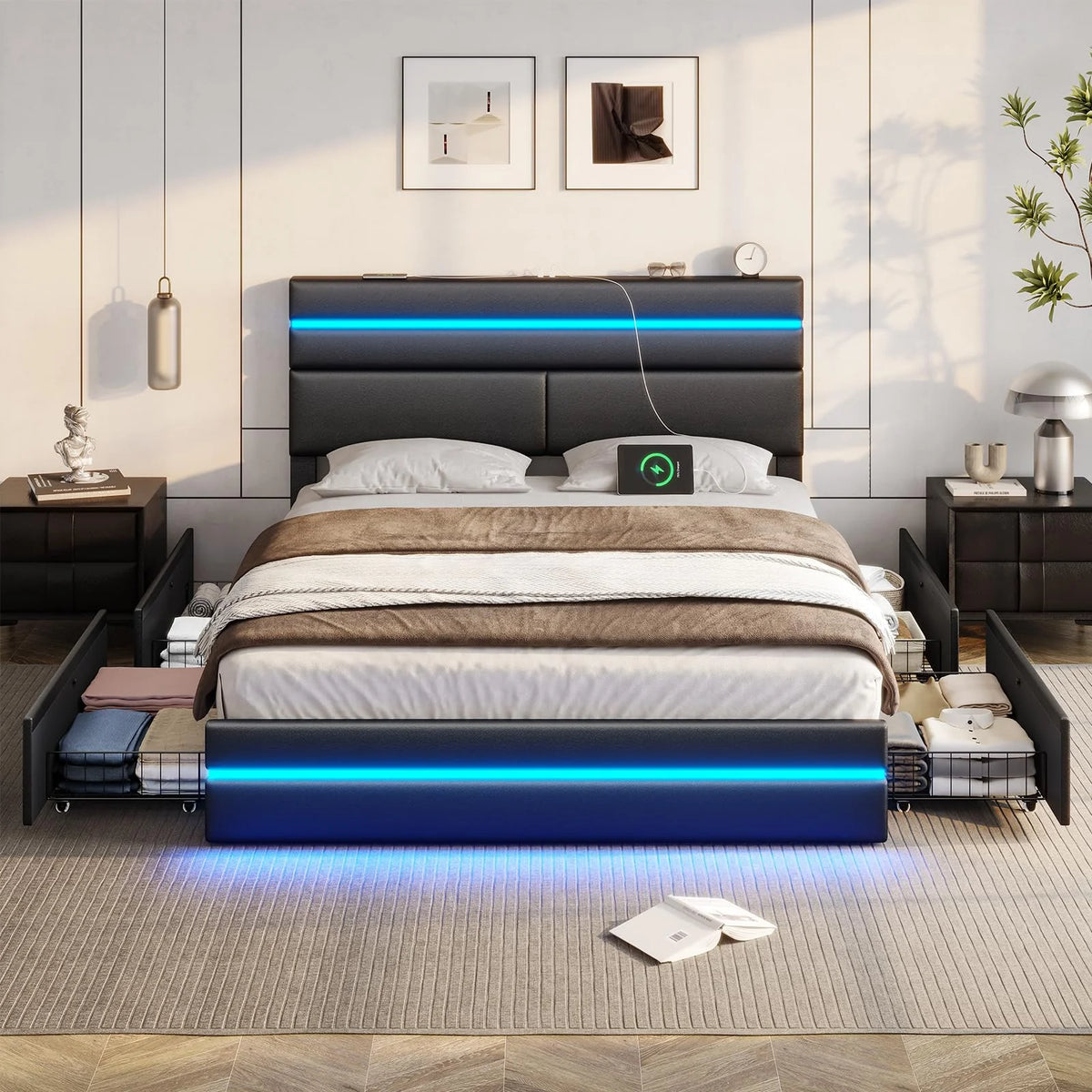 Full Size LED Platform Bed Frame with 4 Storage Drawers and 2 USB Ports B666
