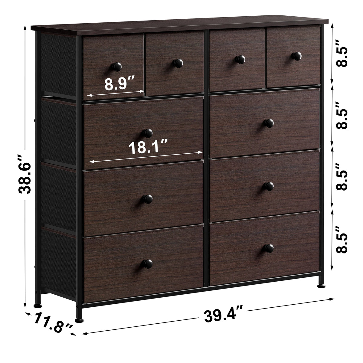 Dark Brown 10 Drawer Fabric Dresser V9495