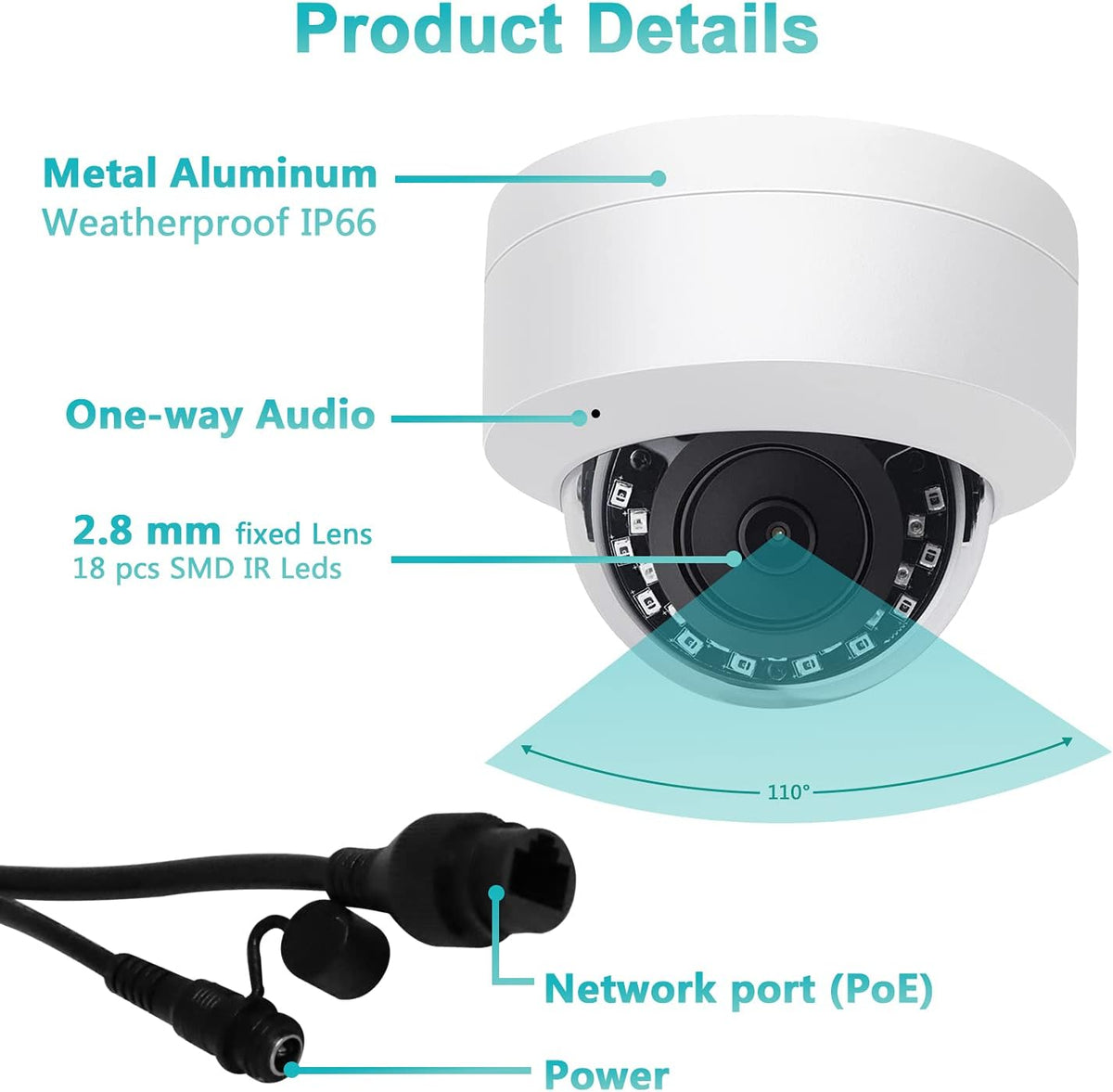 5MP Outdoor IP Dome Security Camera with Audio, 98ft Night Vision, 2.8mm Wide Angle C41820