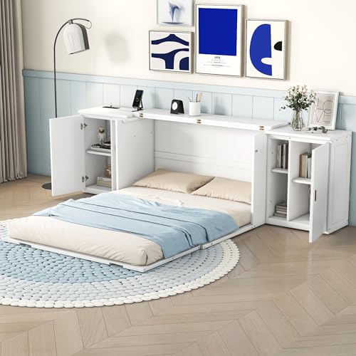 Queen Size Solid Wood Murphy Wall Bed With Storage and Bookcase Headboard (White) N426813
