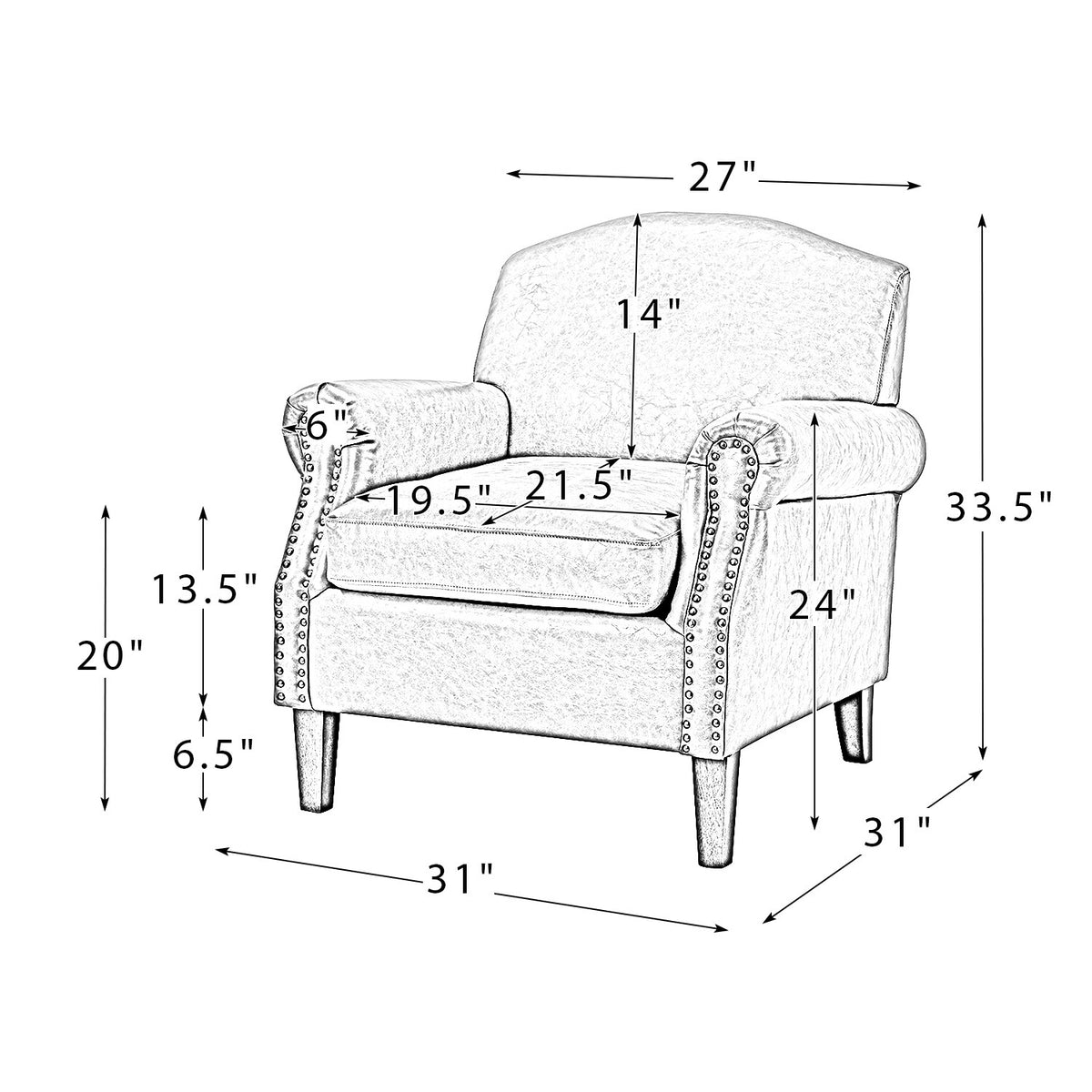 Faux Leather Arm Chair with Nailhead Trim and Rolled Arms Set of 2 O390