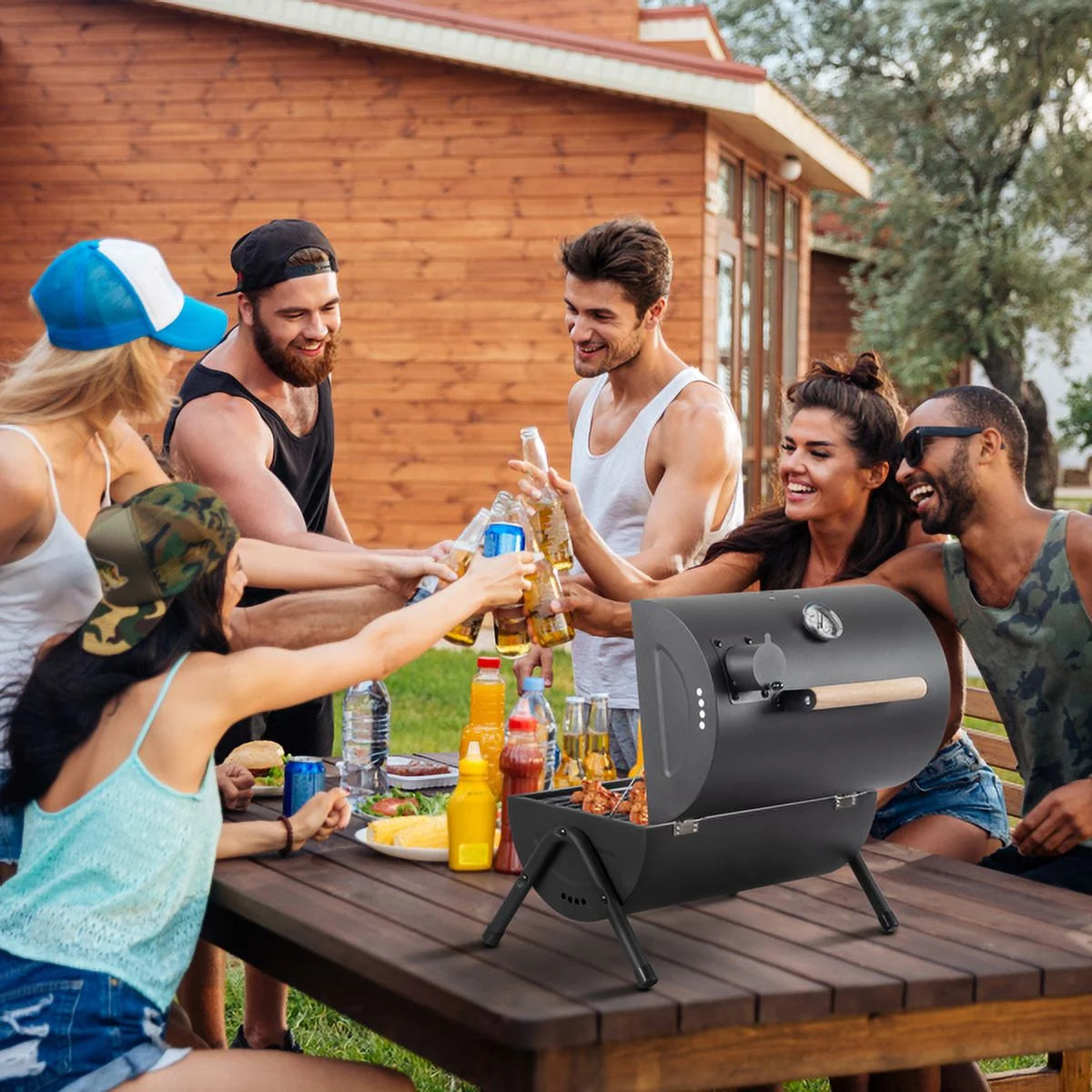 Portable Charcoal Grill with Thermometer & Wooden Handle K2403