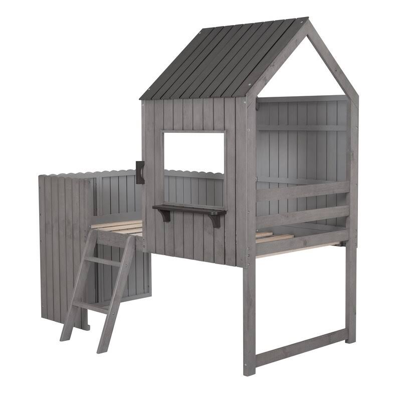 Twin Wood Loft Bed with Guardrail and Ladder P97632