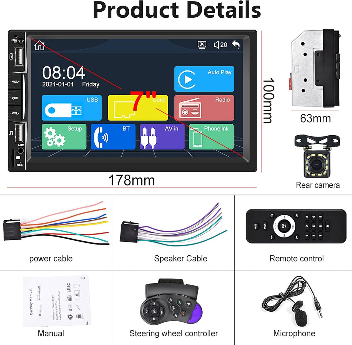 7 Inch Touch Screen Double Din Car Stereo with Bluetooth Backup Camera T35902