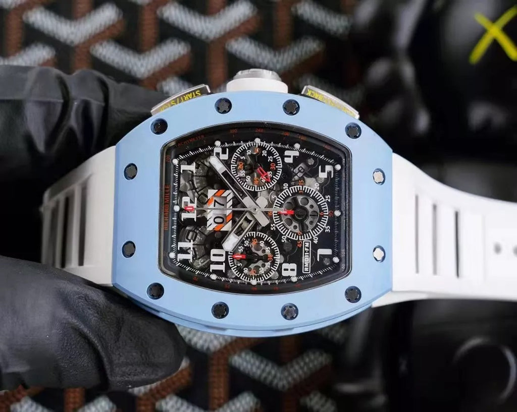 Skeleton Dial Blue Bezel White Rubber Strap N7569