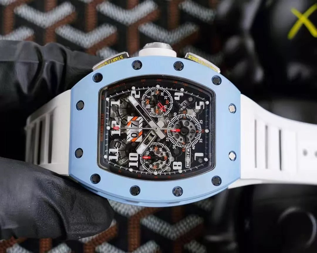 Skeleton Dial Blue Bezel White Rubber Strap N7569