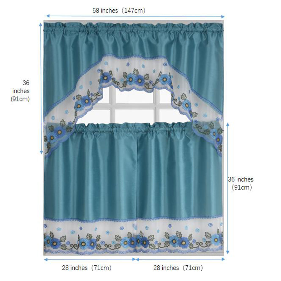 Turquoise Embroidered 3-Piece Kitchen Curtain Tiers & Swag Set, 58x36 & 28x36 inches R71339