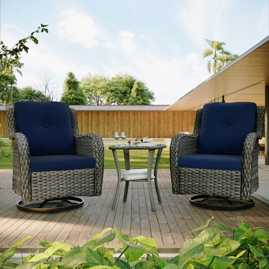 Blue Wicker Patio Swivel Rocker Chairs Set of 2 with Table Y1681