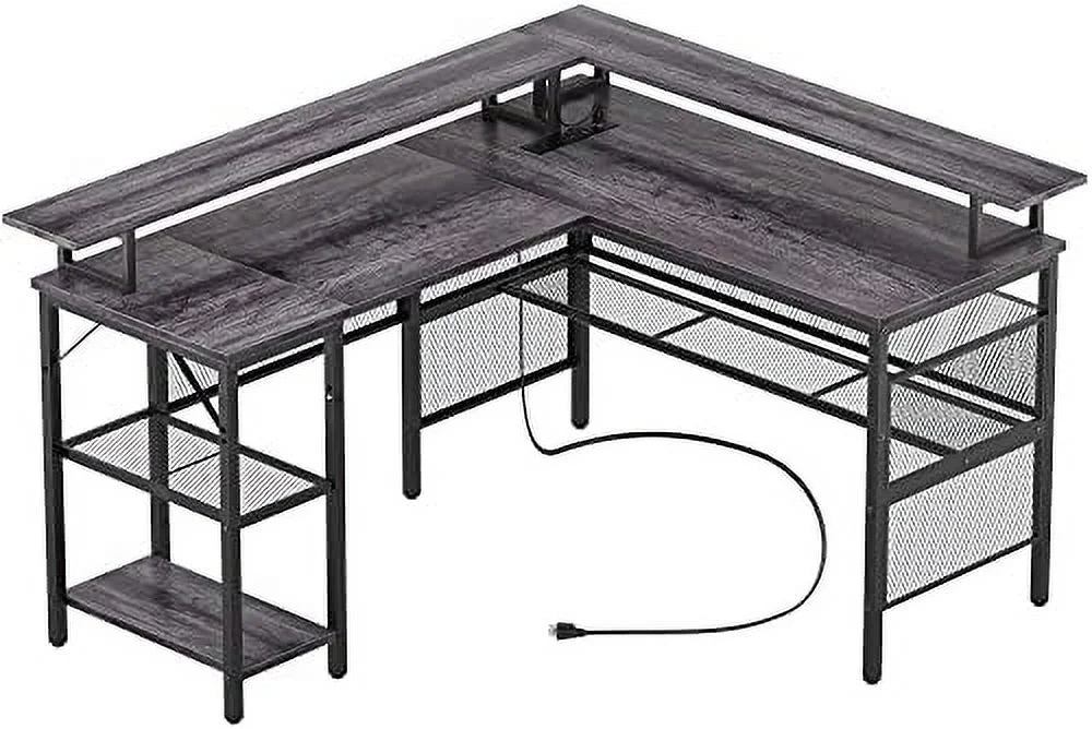 L Shaped Computer Desk with Power Outlet and LED Strip Black C75408