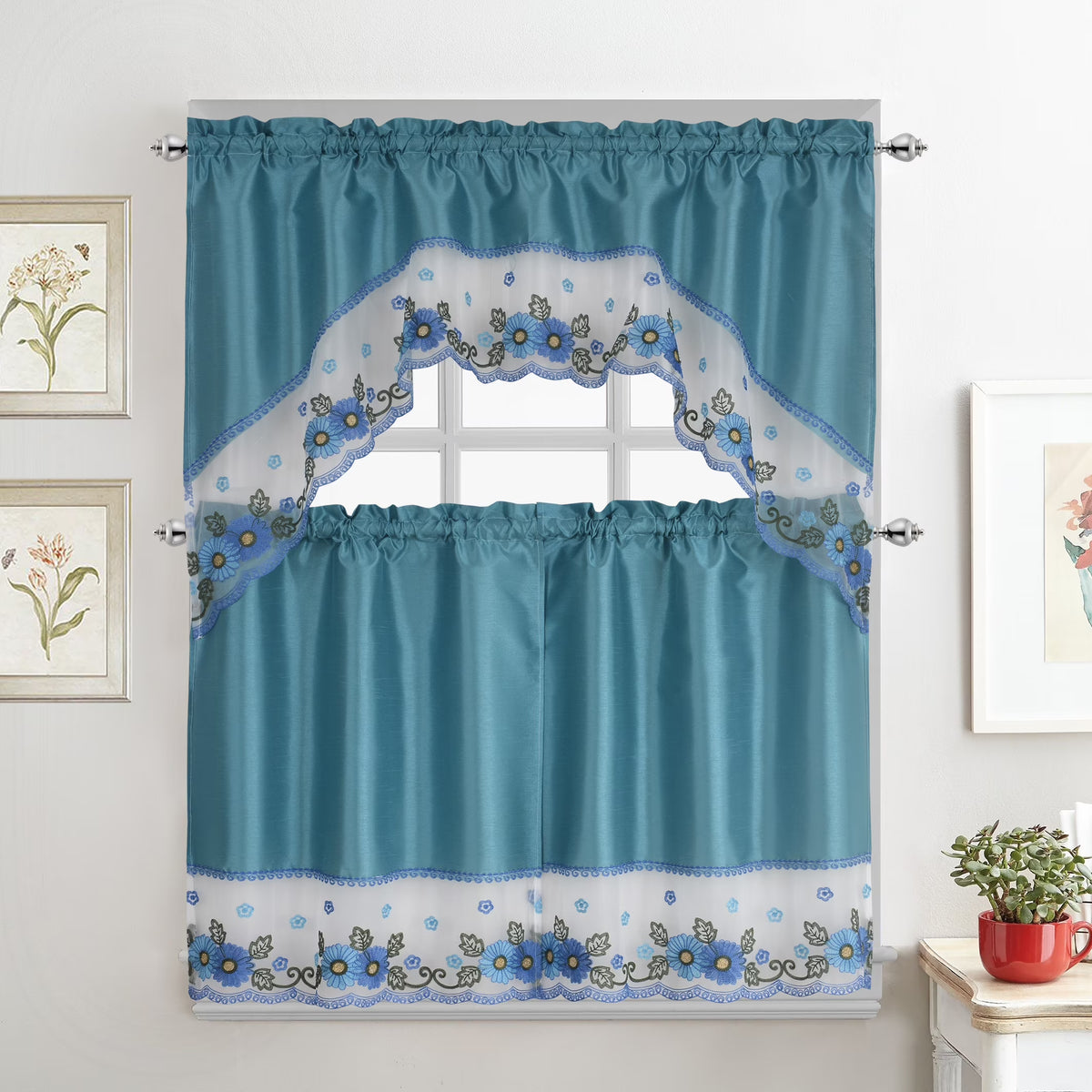 Turquoise Embroidered 3-Piece Kitchen Curtain Tiers & Swag Set, 58x36 & 28x36 inches R71339