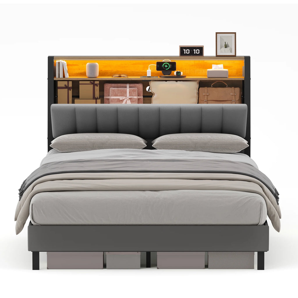 Full Size Bed Frame with Storage Headboard and Charging Station H51691