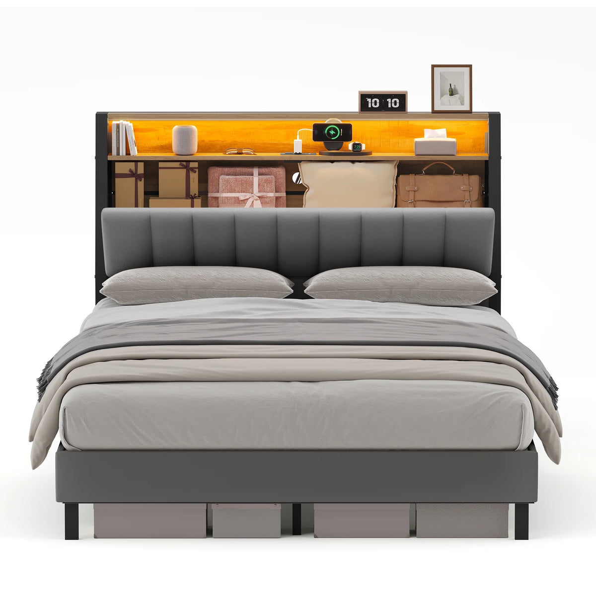 Full Size Bed Frame with Storage Headboard and Charging Station H51691