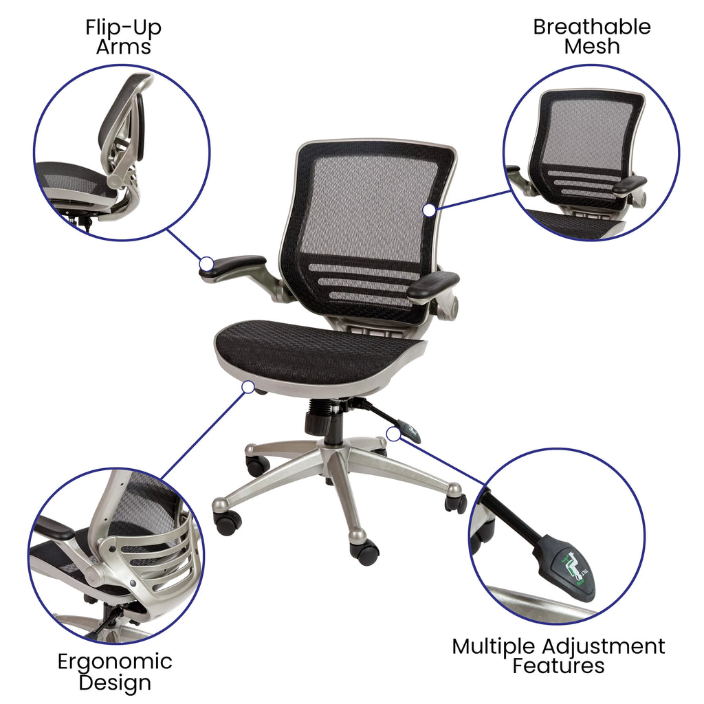 Mid-Back Transparent Black Mesh Executive Swivel Office Chair with Flip-Up Arms P1545