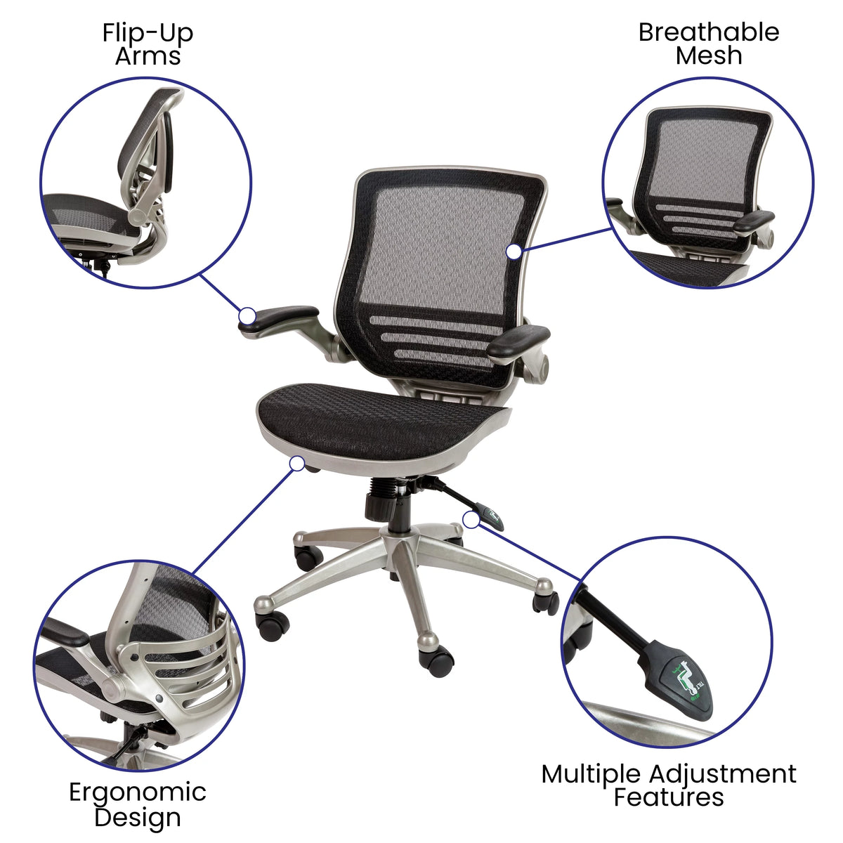Mid-Back Transparent Black Mesh Executive Swivel Office Chair with Flip-Up Arms P1545