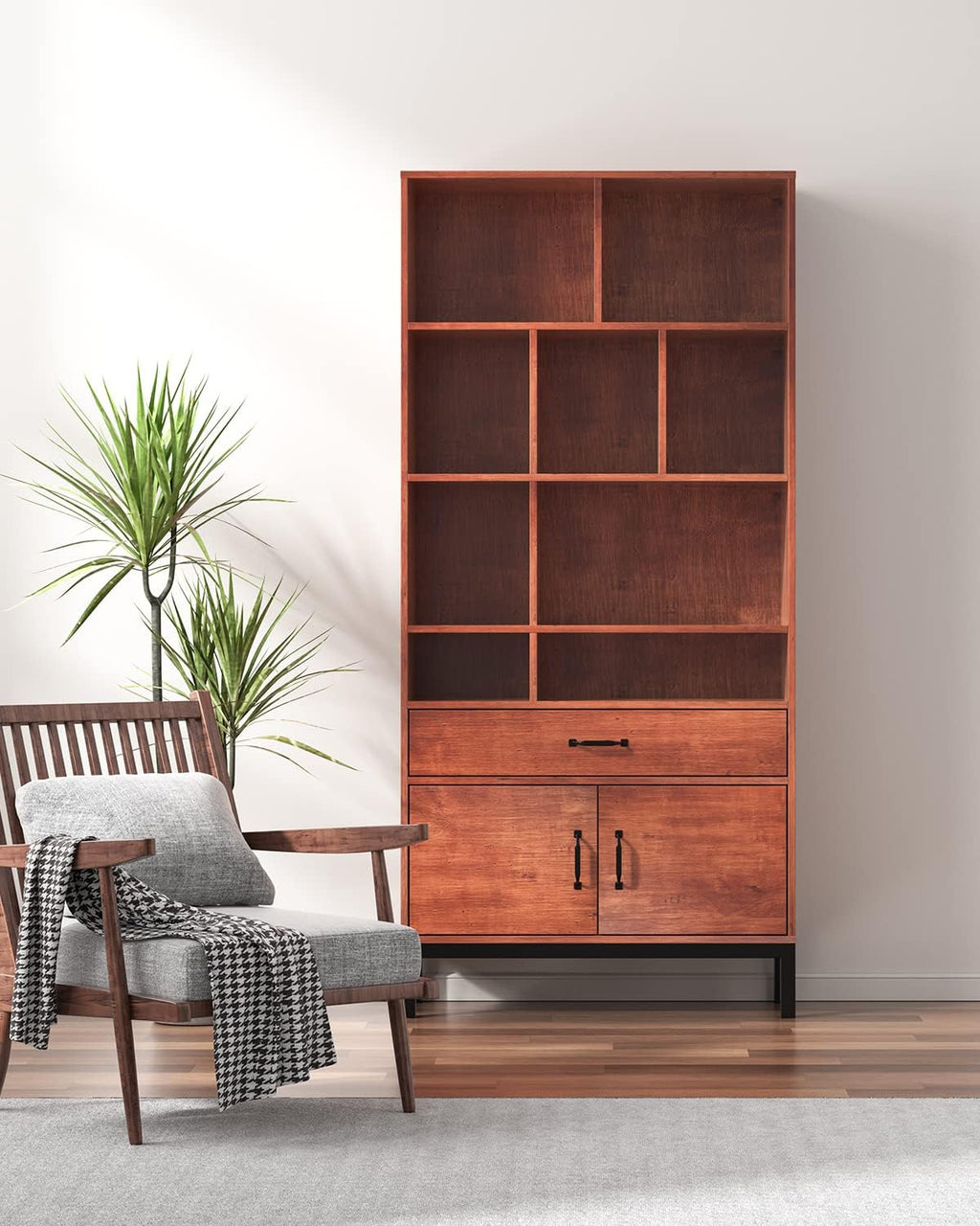 Brown Wood Bookcase Storage Cabinet with Doors and 3 Drawers M868280