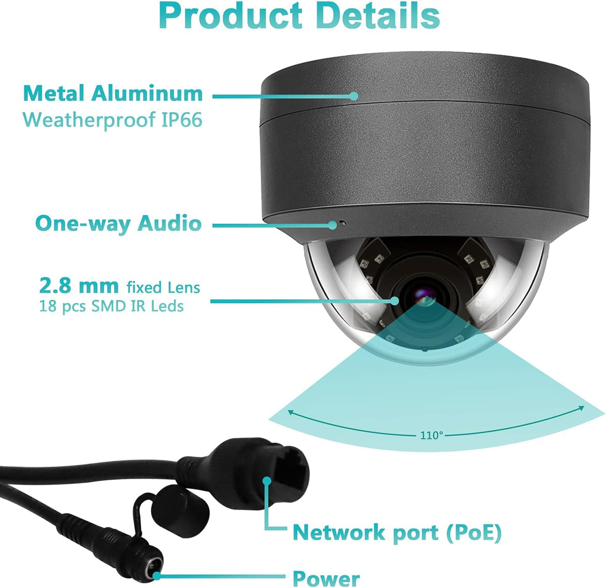 5MP Outdoor IP Dome Security Camera with Audio, 98ft Night Vision, 2.8mm Wide Angle C41820