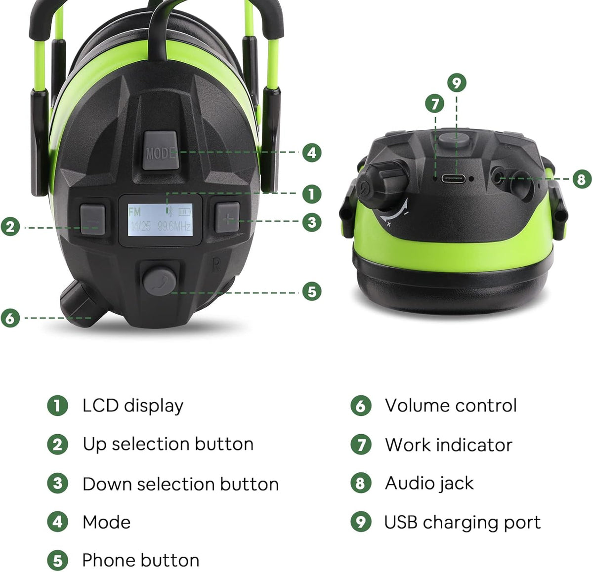 Green Bluetooth Safety Ear Muffs with FM Radio P555