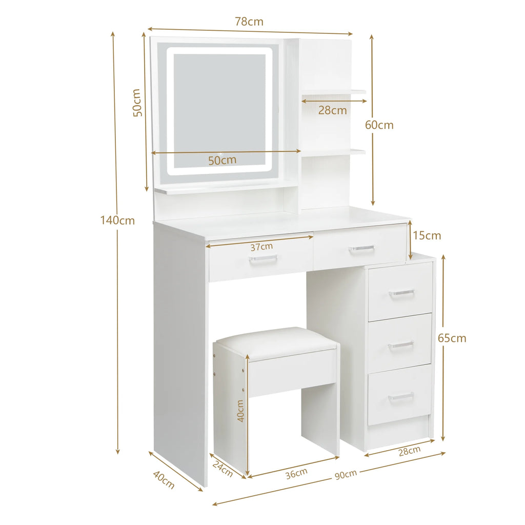 White Vanity Set with Lighted Mirror, Drawers and Stool U29323