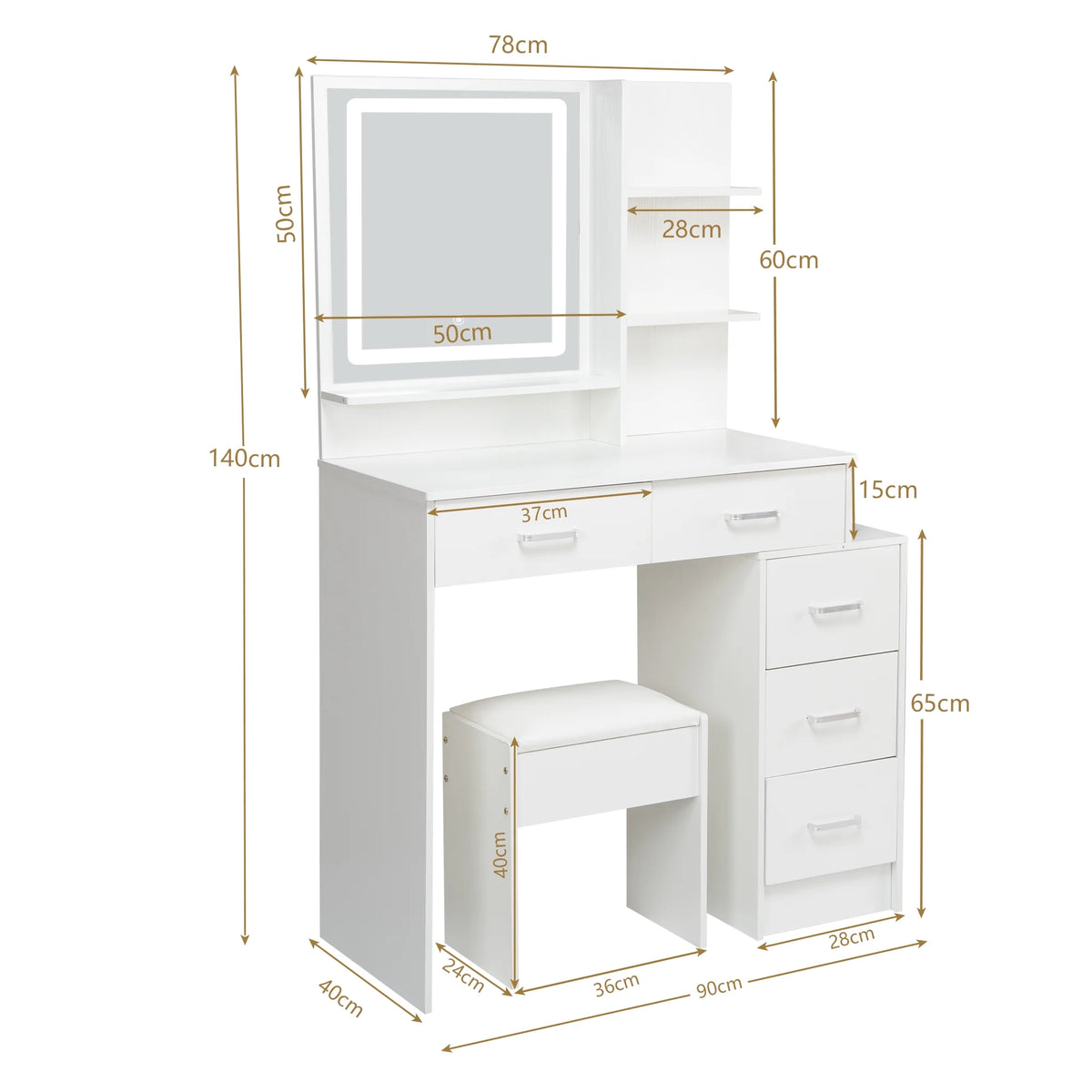 White Vanity Set with Lighted Mirror, Drawers and Stool U29323