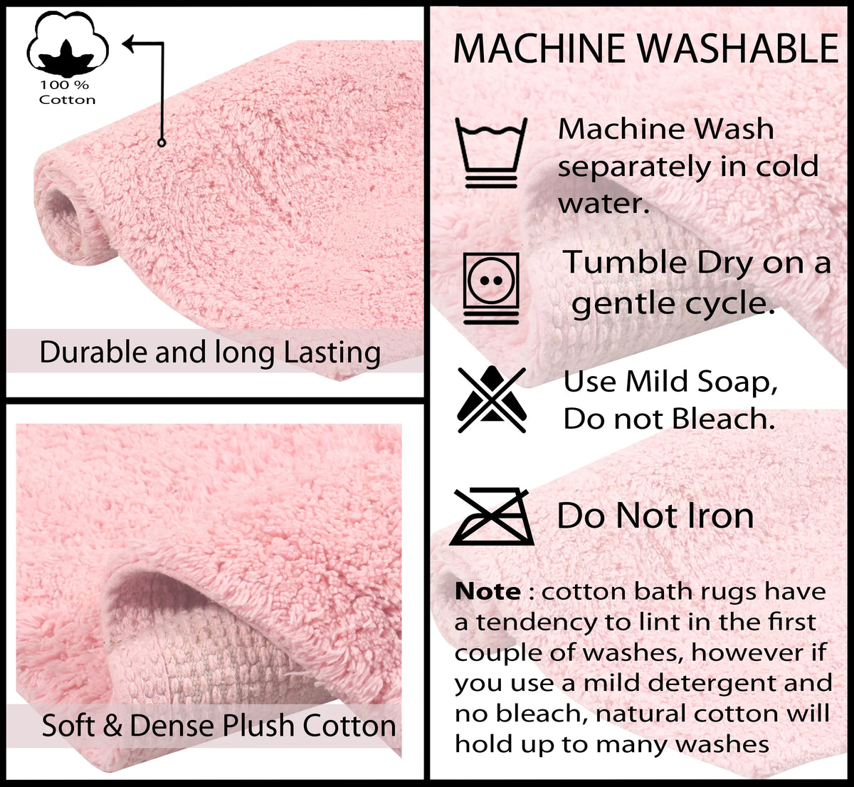 5 Piece 100% Cotton Non-Slip Bathroom Rug Set with Contour Pink F670