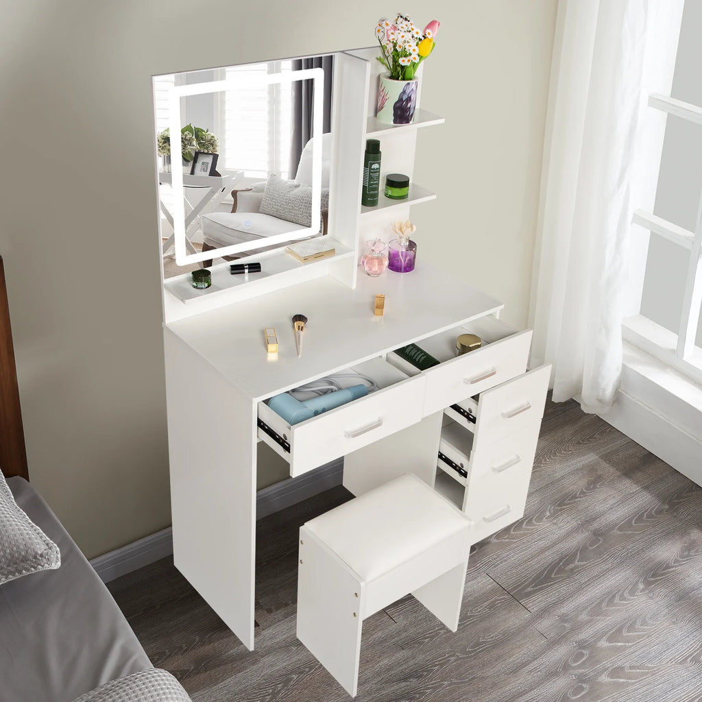 White Vanity Set with Lighted Mirror, Drawers and Stool U29323