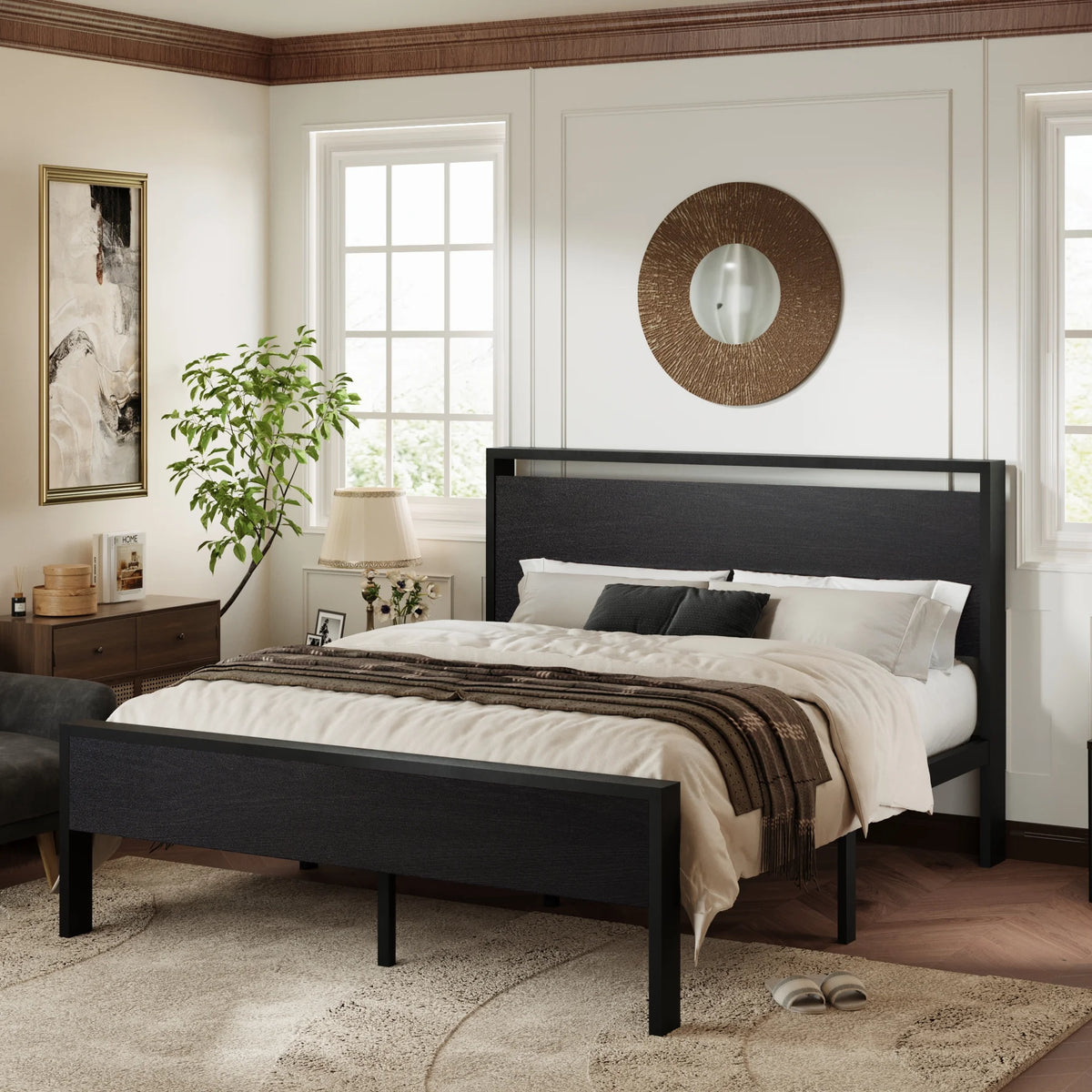 Walnut King Size Platform Bed Frame with Wood Headboard B70218