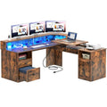 Grey L Shaped Desk with Power Outlets, LED Lights, Drawers, Lift Top, Monitor Stand, File Cabinet O201
