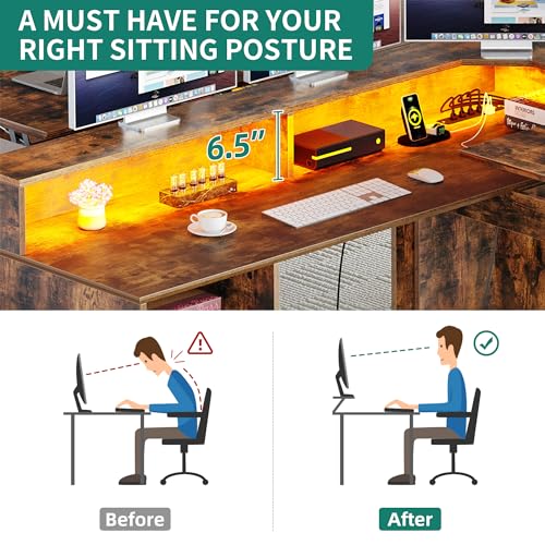 Grey L Shaped Desk with Power Outlets, LED Lights, Drawers, Lift Top, Monitor Stand, File Cabinet O201