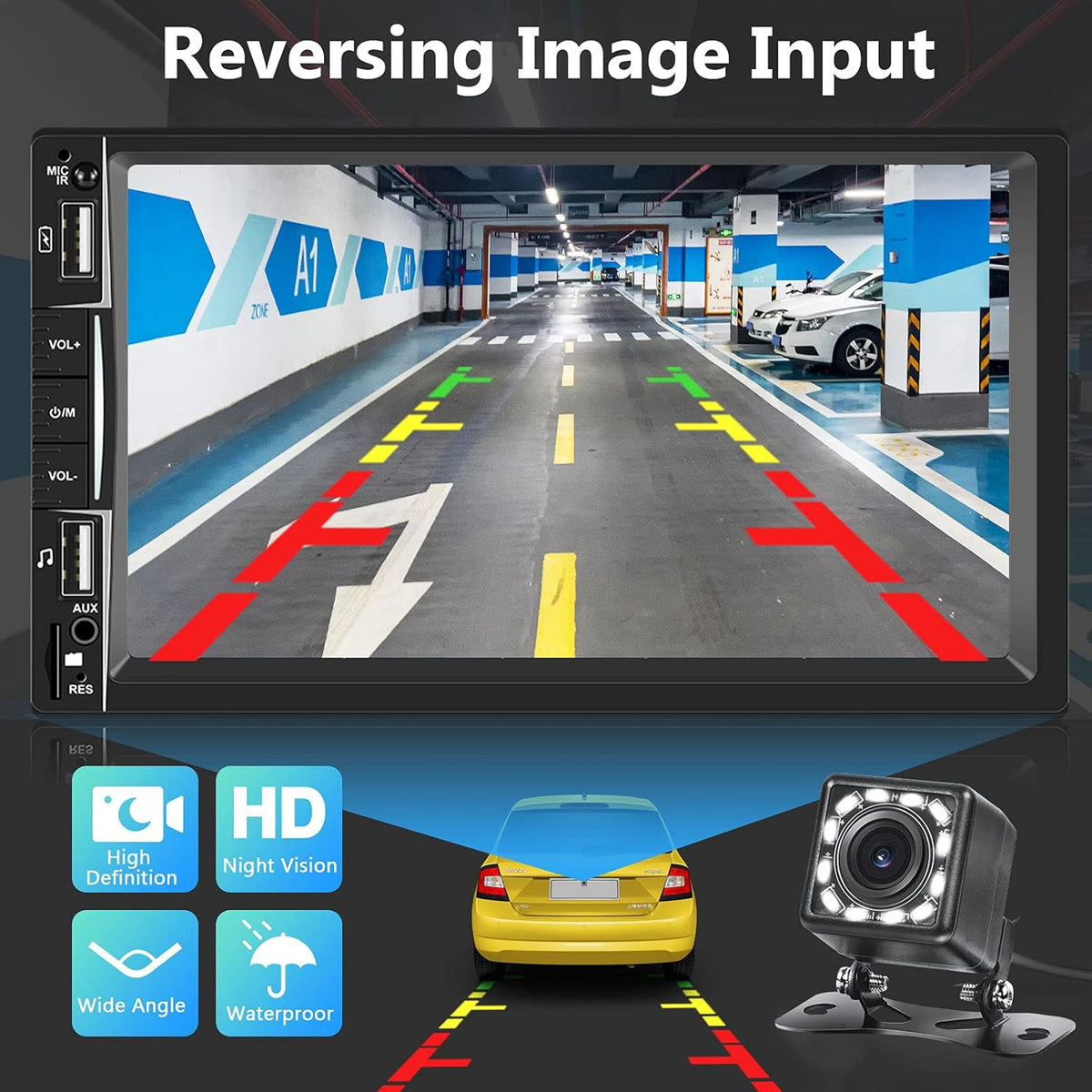 7 Inch Touch Screen Double Din Car Stereo with Bluetooth Backup Camera T35902