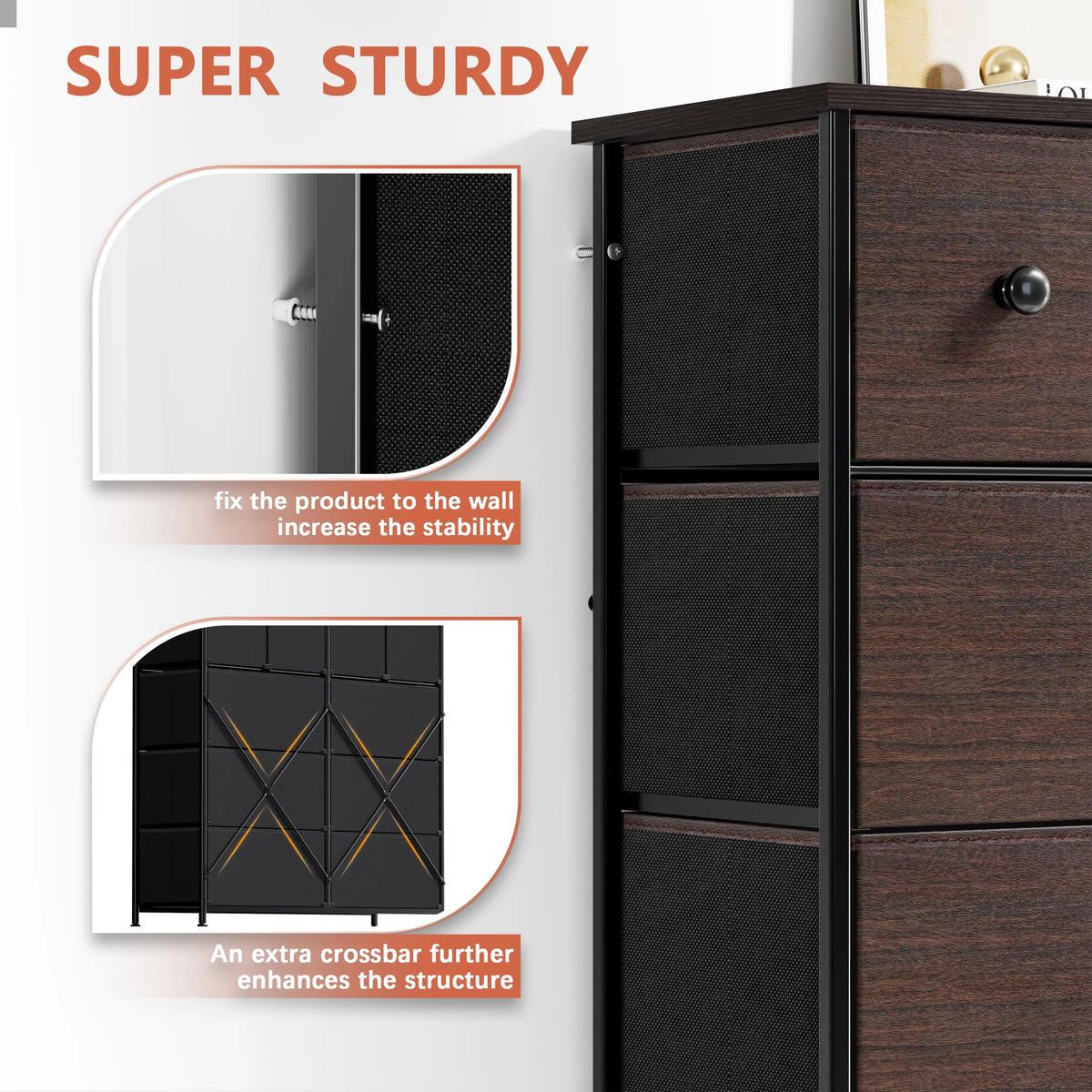 Dark Brown 10 Drawer Fabric Dresser V9495