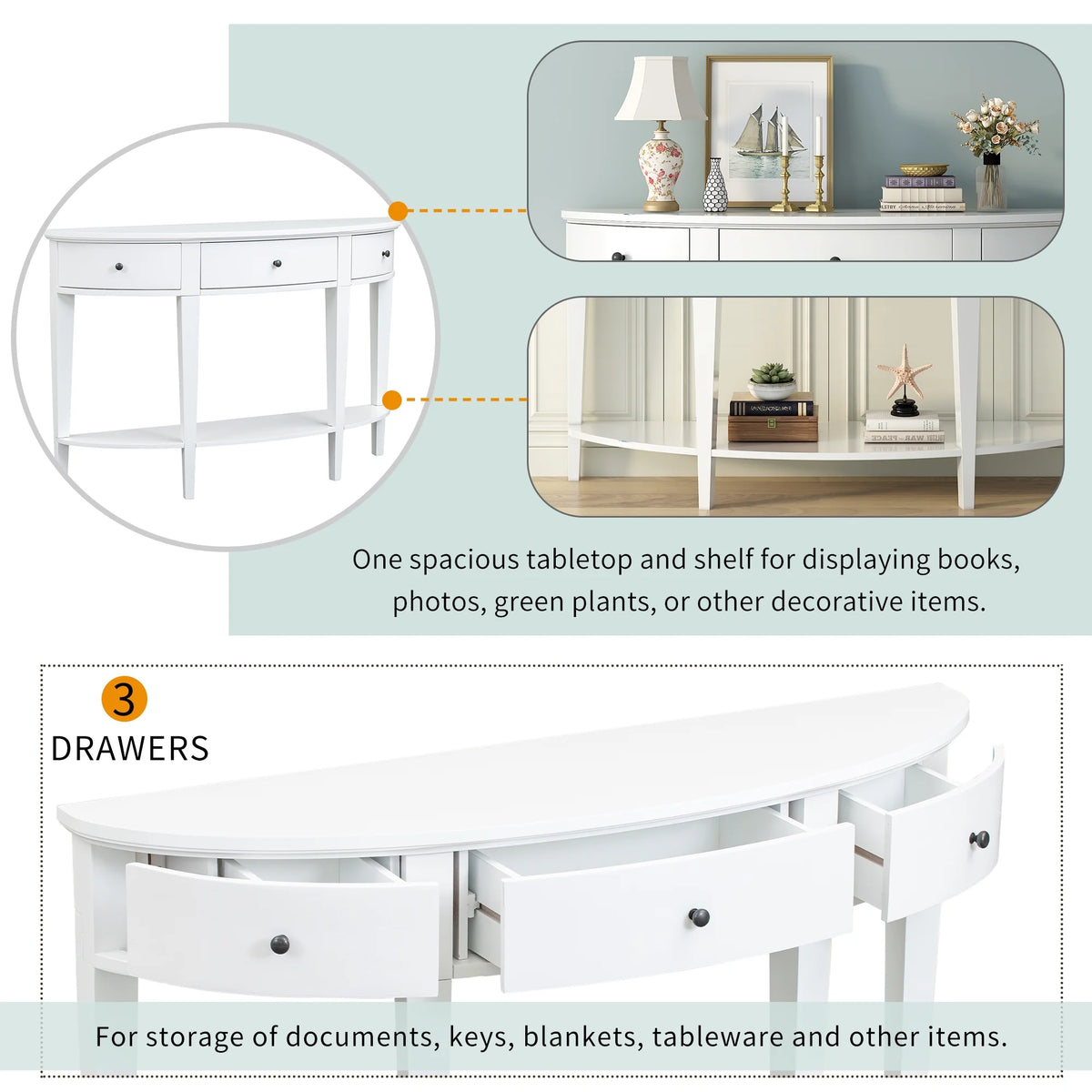 White Curved Console Table with 3 Drawers and Bottom Shelf X30833
