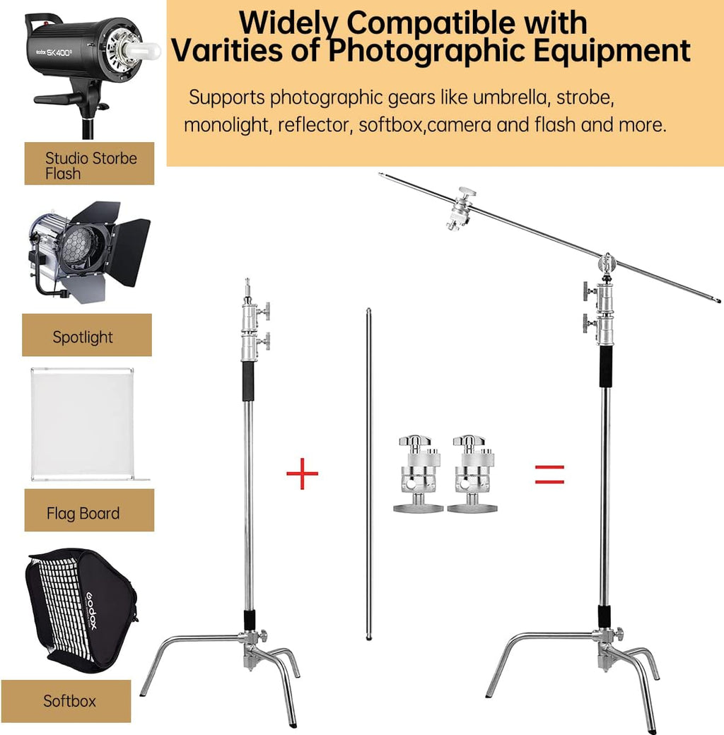 10.8ft Stainless-Steel C Stand with Boom Arm, 2pcs Grip Heads O630