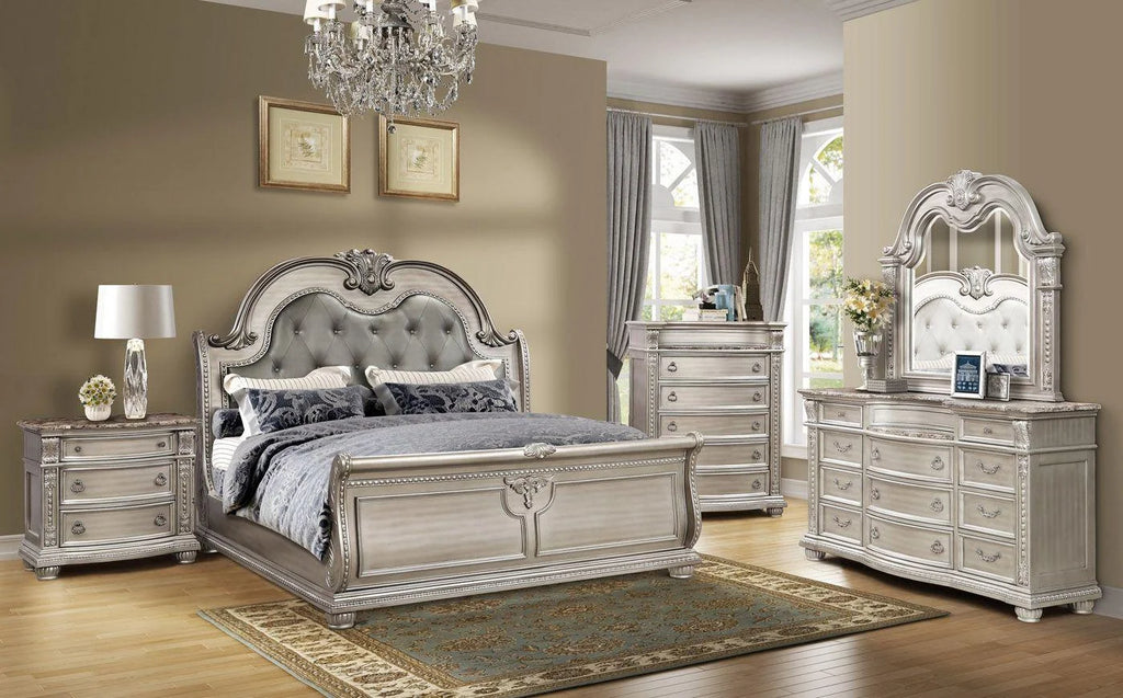 Antique Platinum Sleigh Queen Bedroom Set 5P E265