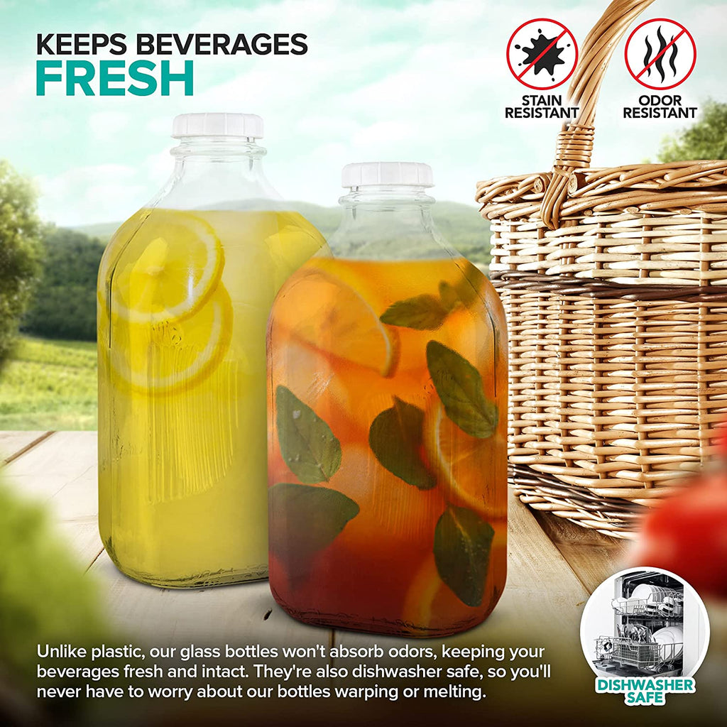 64-Oz Glass Milk Bottles with 3 White Caps, Dishwasher Safe I5426