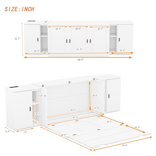 Queen Size Solid Wood Murphy Wall Bed With Storage and Bookcase Headboard (White) N426813