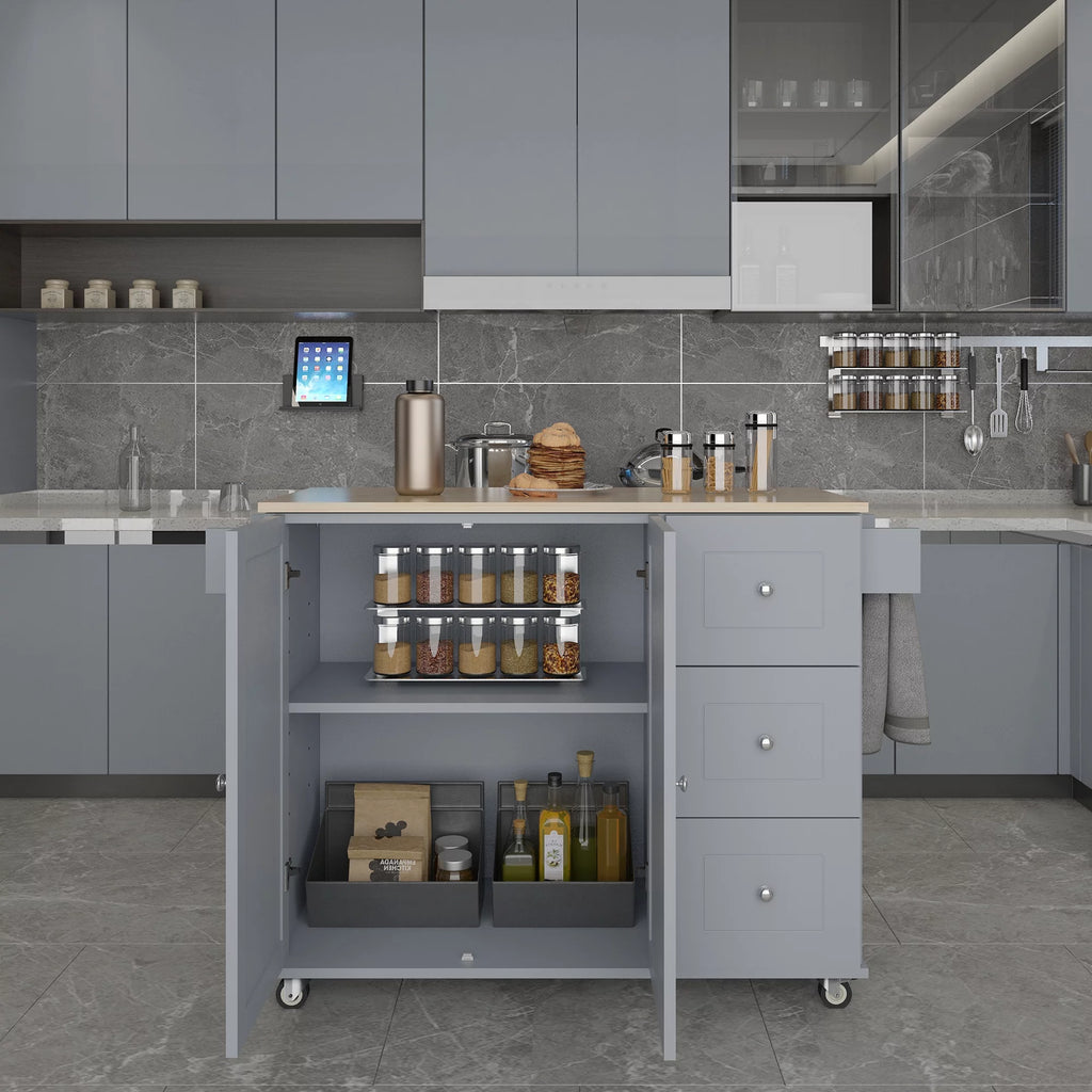 Rolling Mobile Kitchen Island with Storage Cabinet and Drop Breakfast Bar V163