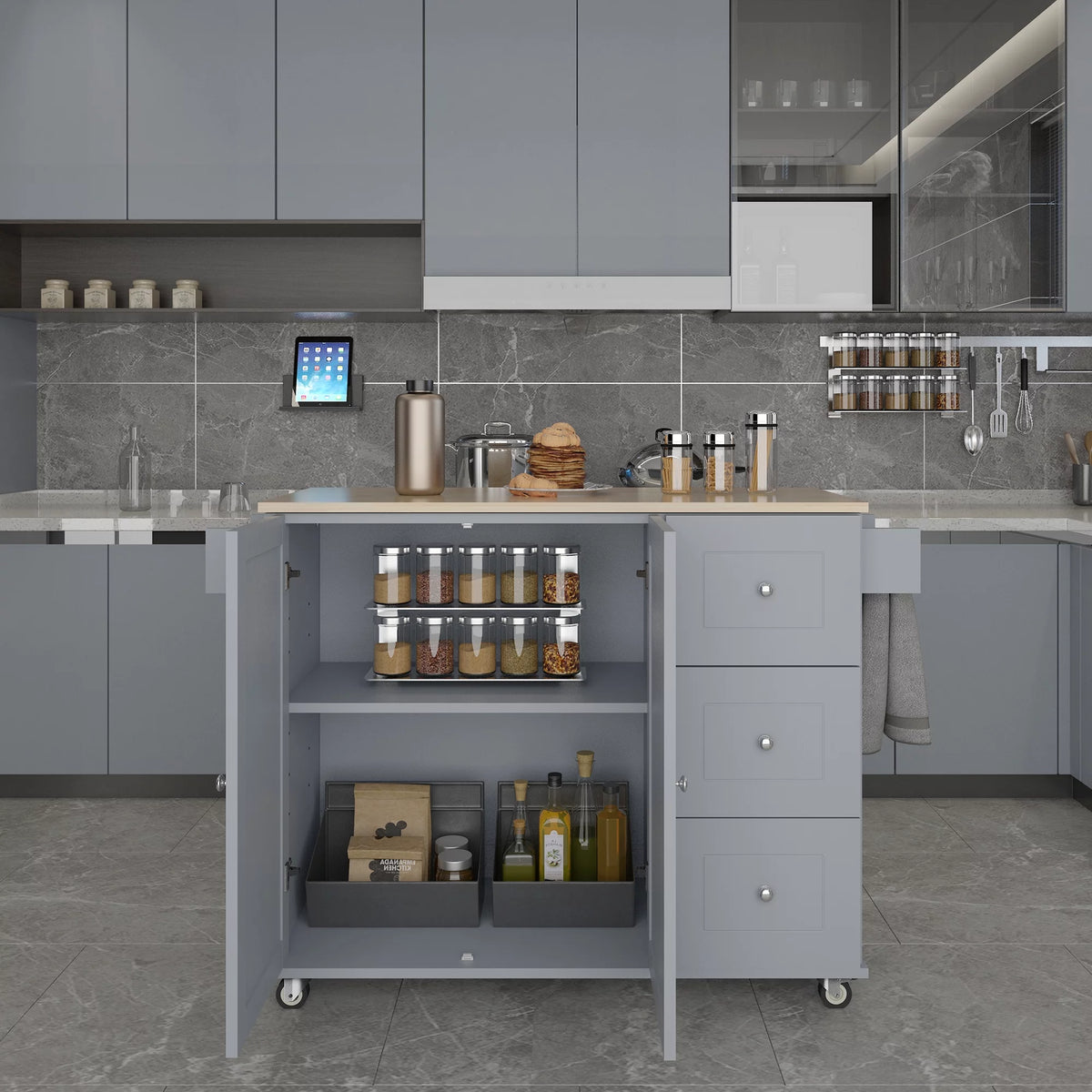 Rolling Mobile Kitchen Island with Storage Cabinet and Drop Breakfast Bar V163