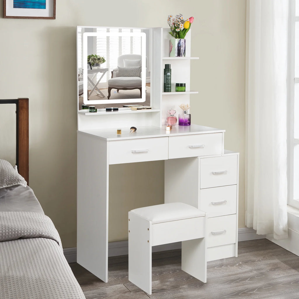 White Vanity Set with Lighted Mirror, Drawers and Stool U29323