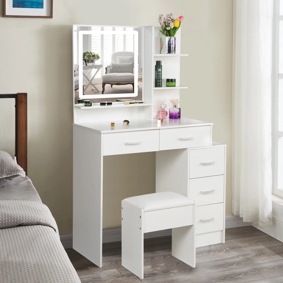 White Vanity Set with Lighted Mirror, Drawers and Stool U29323