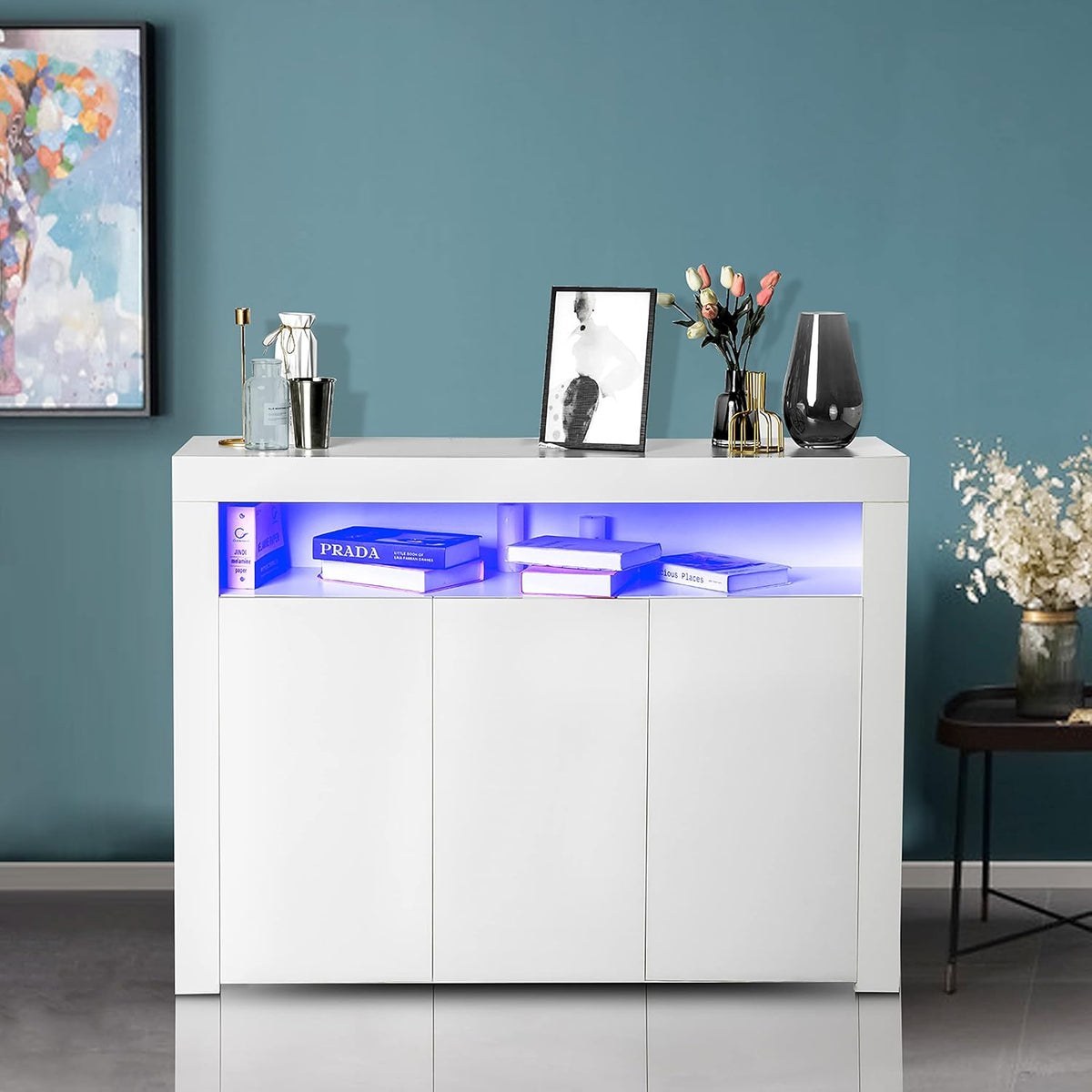 White 3 Door Sideboard Buffet Storage Cabinet with LED Light W87951