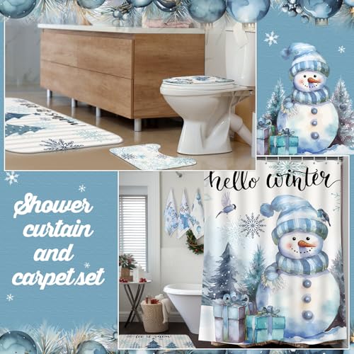 7 Pcs Christmas Shower Curtain Set Non Slip Waterproof Bathroom Accessories J877