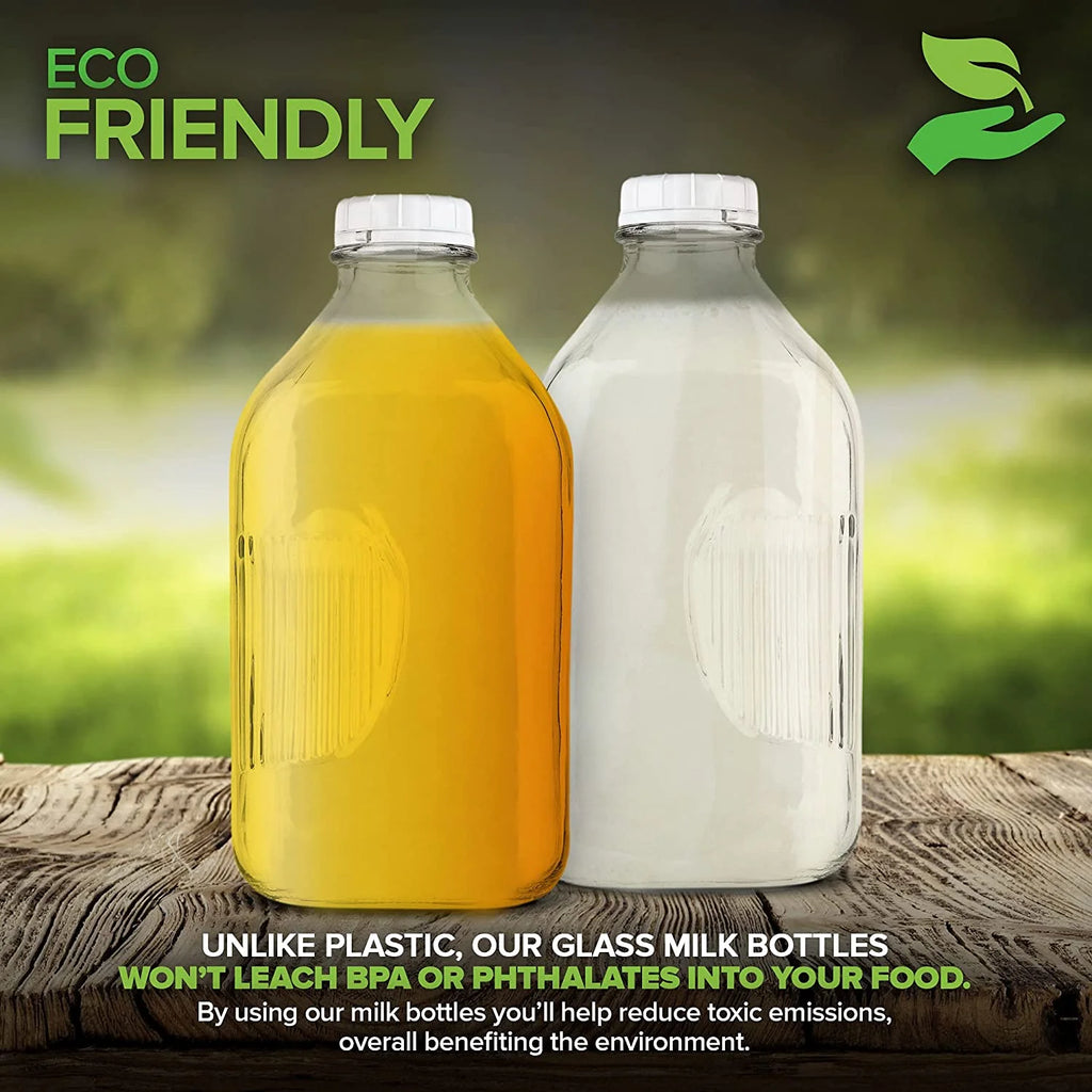 64-Oz Glass Milk Bottles with 3 White Caps, Dishwasher Safe I5426