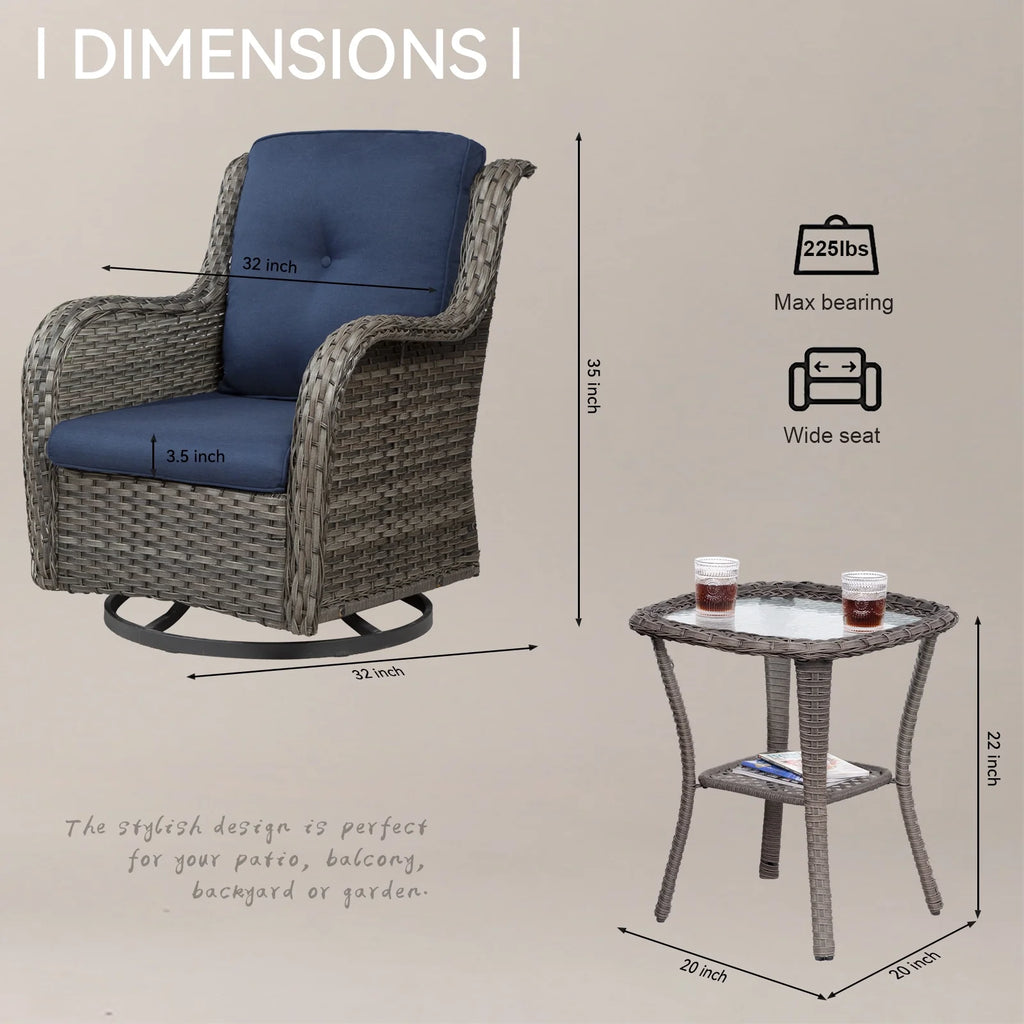 Blue Wicker Patio Swivel Rocker Chairs Set of 2 with Table Y1681