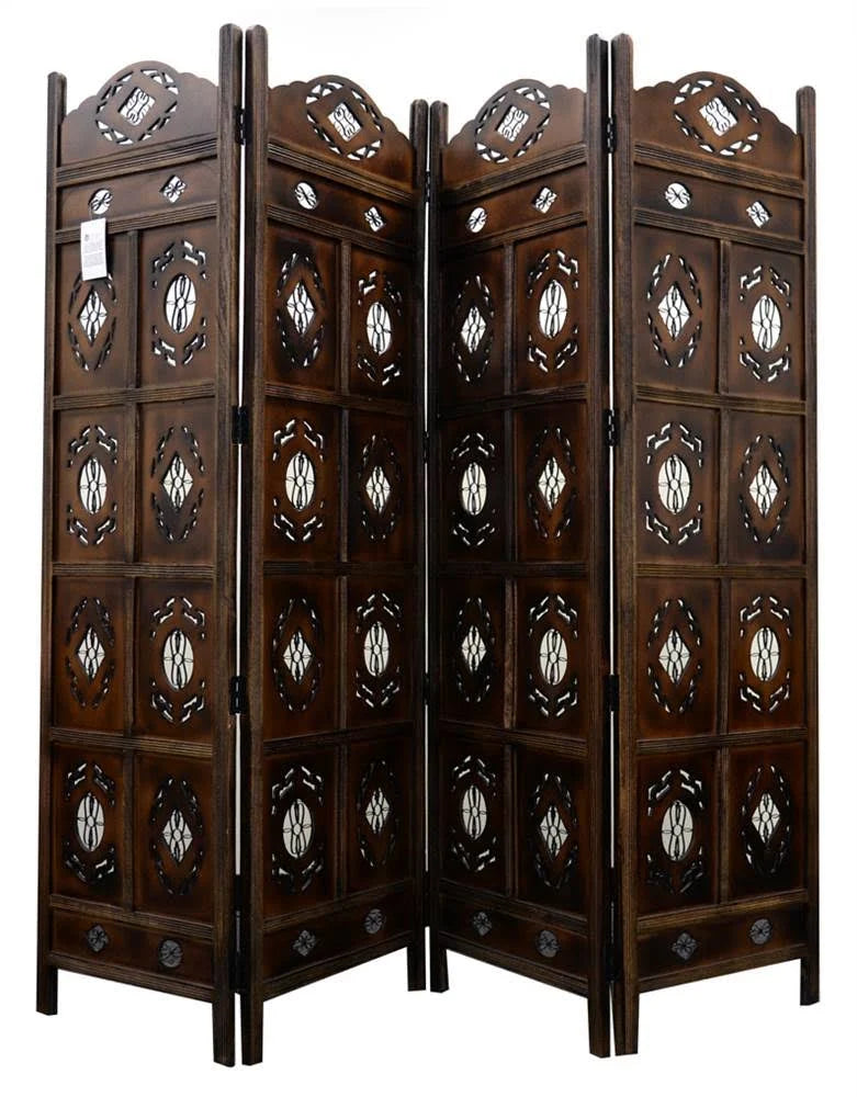 4 Panel Carved Wood Room Divider S841125