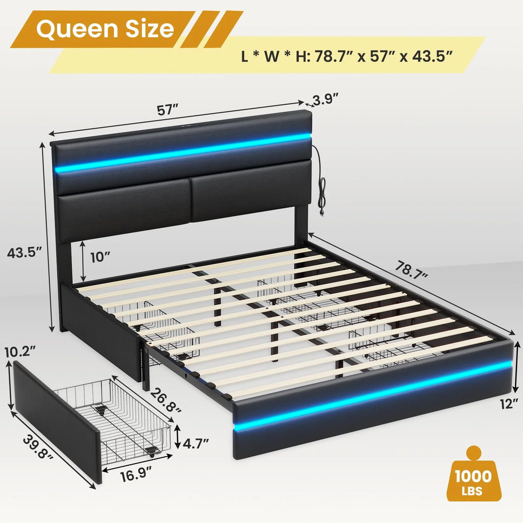 Full Size LED Platform Bed Frame with 4 Storage Drawers and 2 USB Ports B666