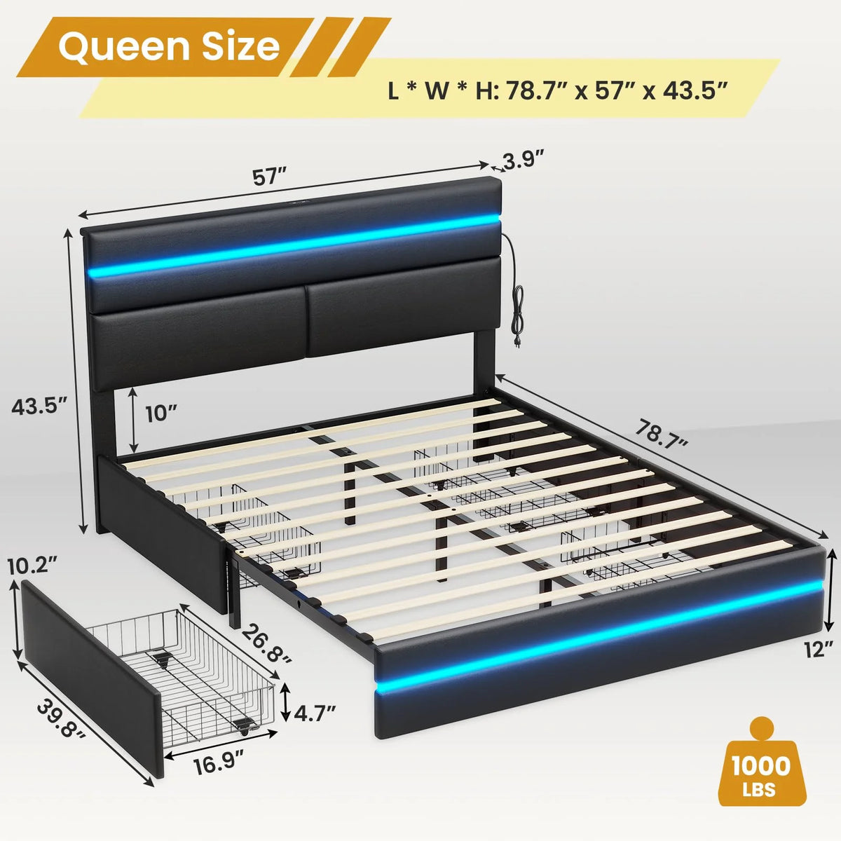 Full Size LED Platform Bed Frame with 4 Storage Drawers and 2 USB Ports B666