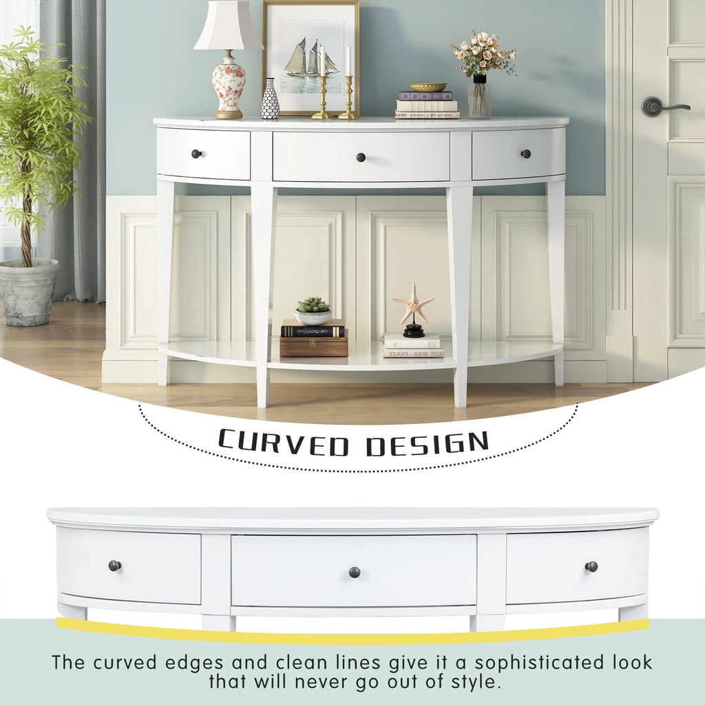 White Curved Console Table with 3 Drawers and Bottom Shelf X30833