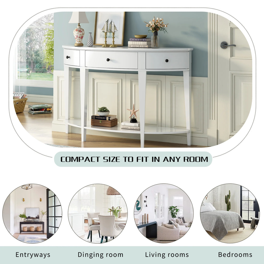 White Curved Console Table with 3 Drawers and Bottom Shelf X30833
