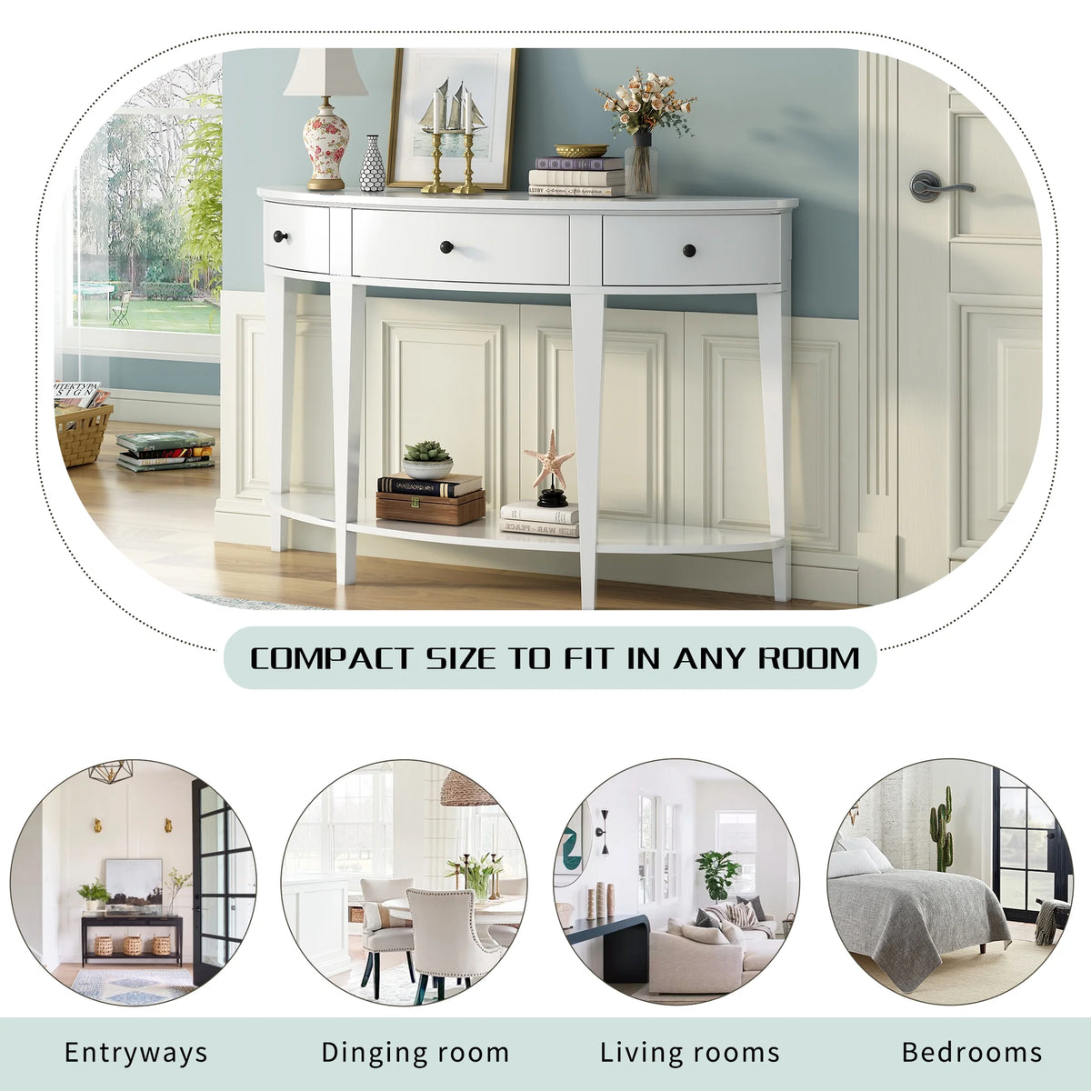 White Curved Console Table with 3 Drawers and Bottom Shelf X30833