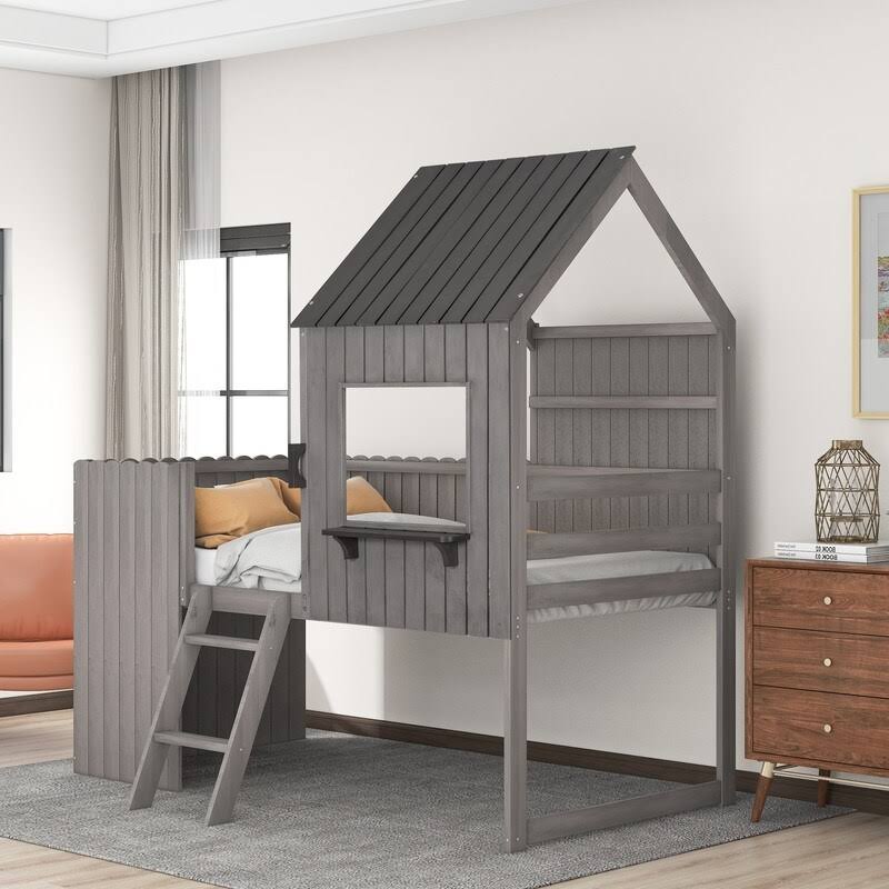 Twin Wood Loft Bed with Guardrail and Ladder P97632
